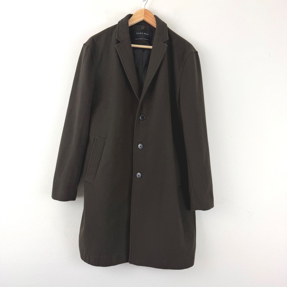 Zara Man Large Dark Academia Green Overcoat Quiet Luxury Wool Blend Coat